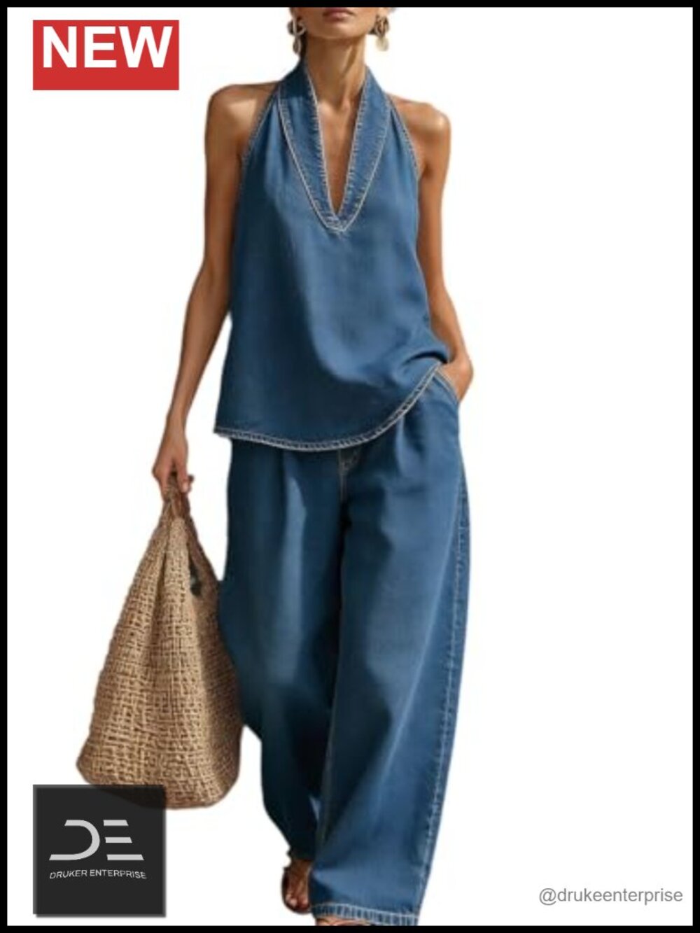 Denim Two Piece Set Womens V Neck Sleeveless Top Wide Leg Pants Streetwear